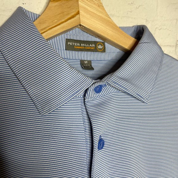 Men's Peter Millar Summer Comfort Short Sleeve Blue Striped Golf Polo Medium - Picture 4 of 8